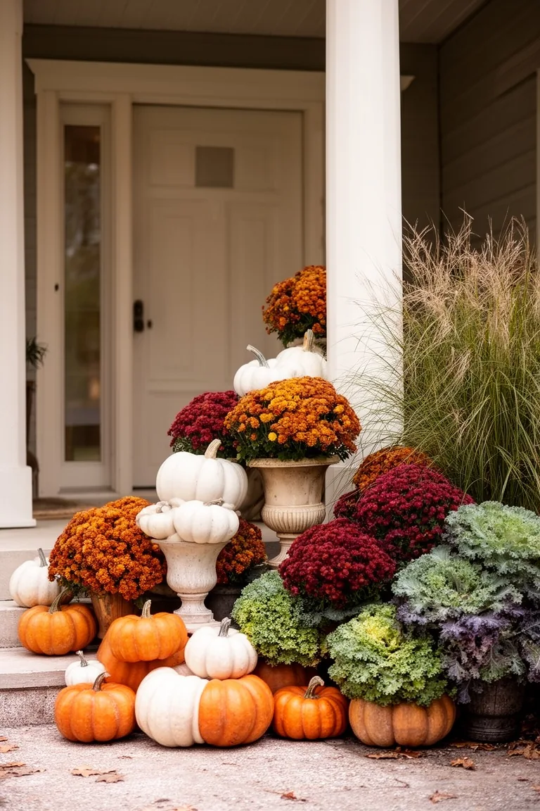 Fall porch stacked pumpkins planters, idea 1