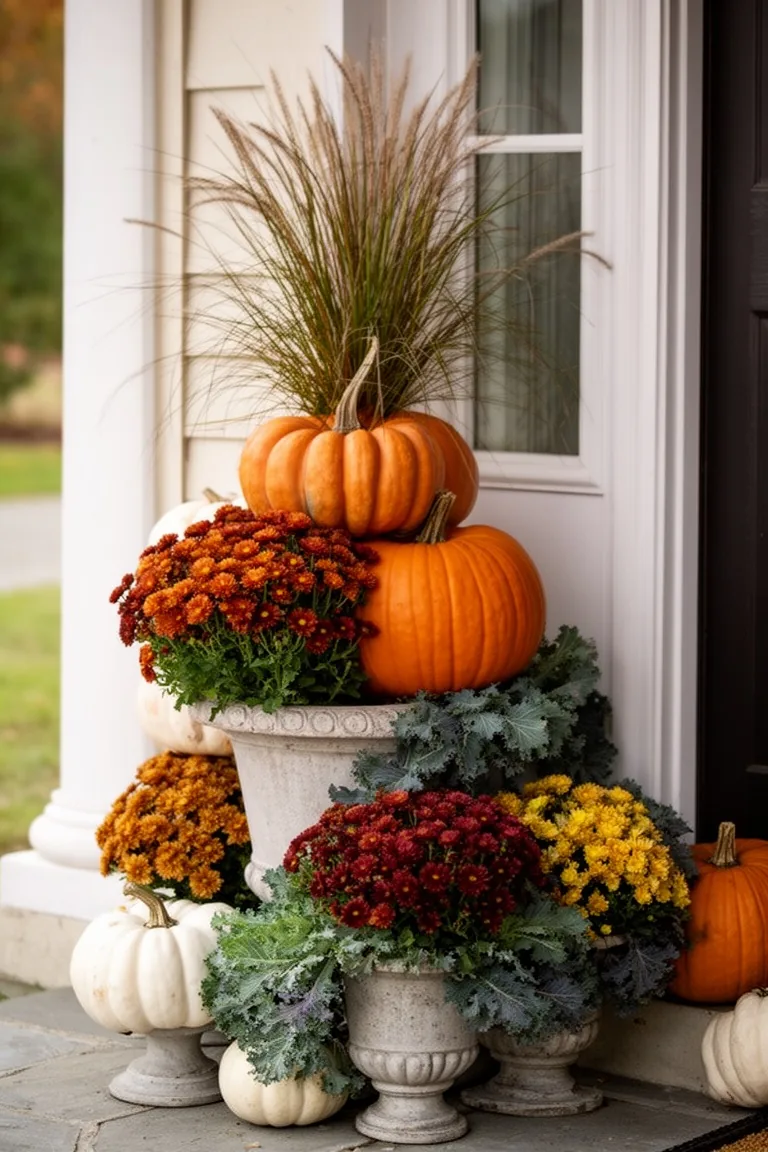 Fall porch stacked pumpkins planters, idea 2