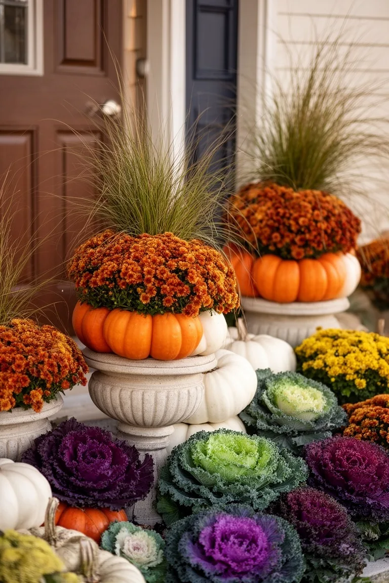 Fall porch stacked pumpkins planters, idea 3
