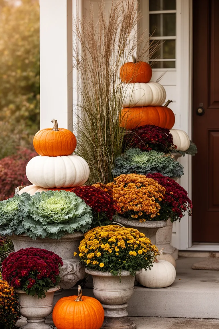 Fall porch stacked pumpkins planters, idea 5