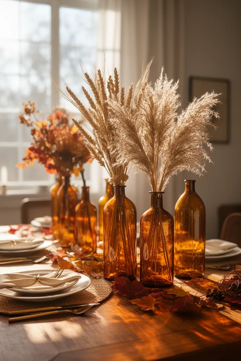 Dried florals in amber glass fall centerpiece idea 1