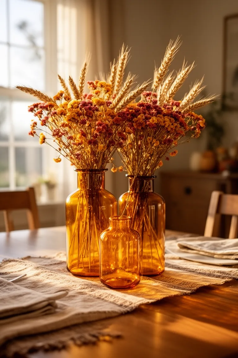 Dried florals in amber glass fall centerpiece idea 2