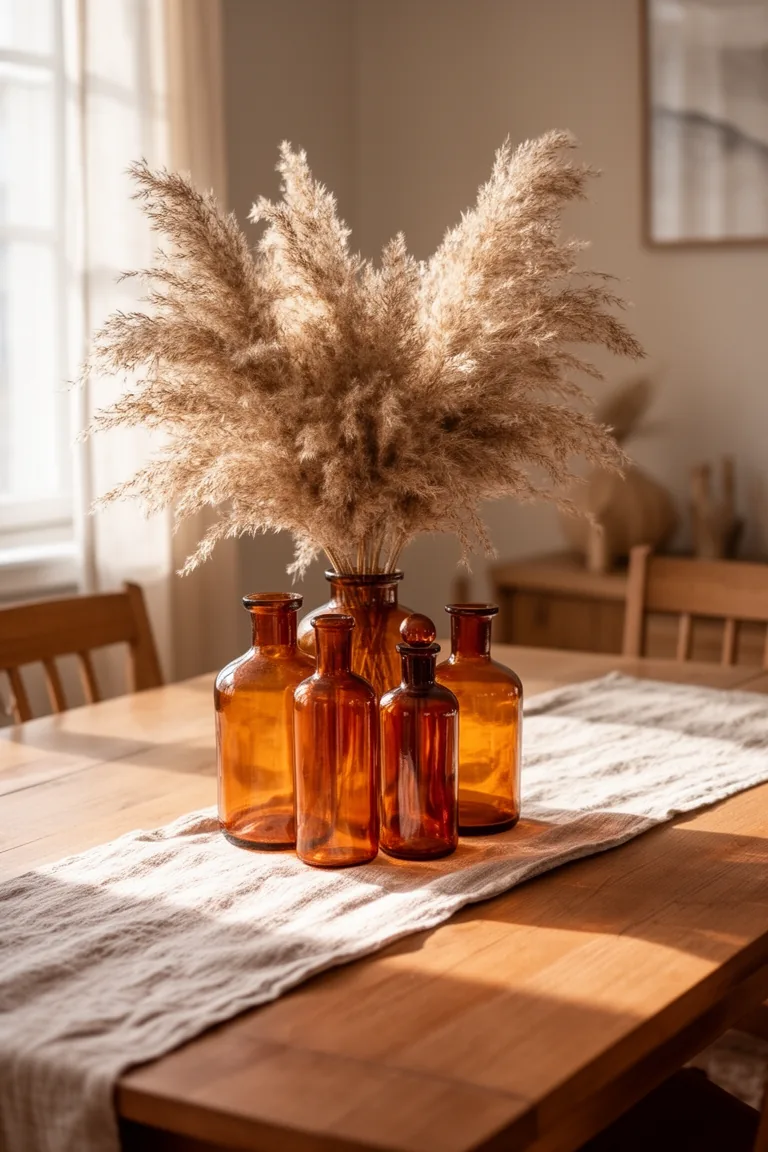 Dried florals in amber glass fall centerpiece idea 3