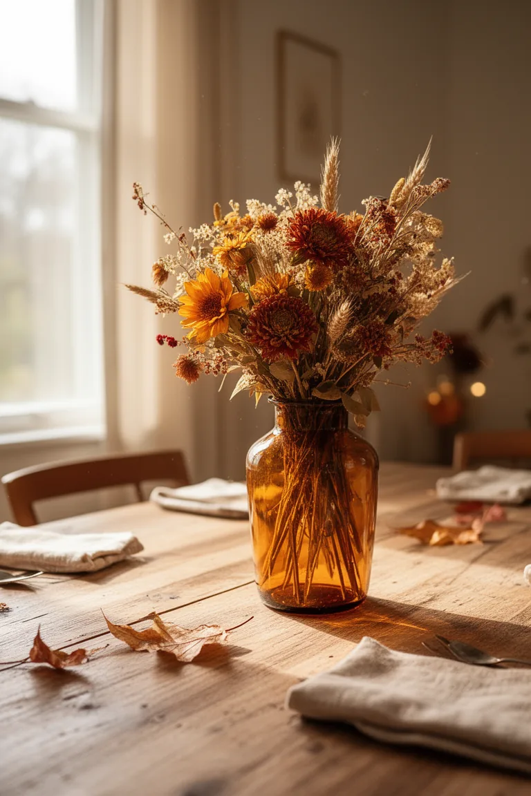 Dried florals in amber glass fall centerpiece idea 4