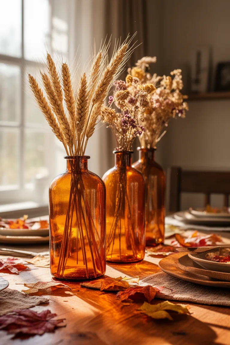 Dried florals in amber glass fall centerpiece idea 5