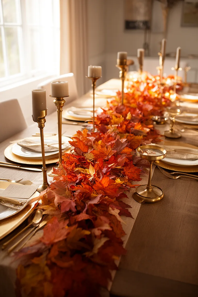 Luxe leaf runner fall centerpiece idea 1