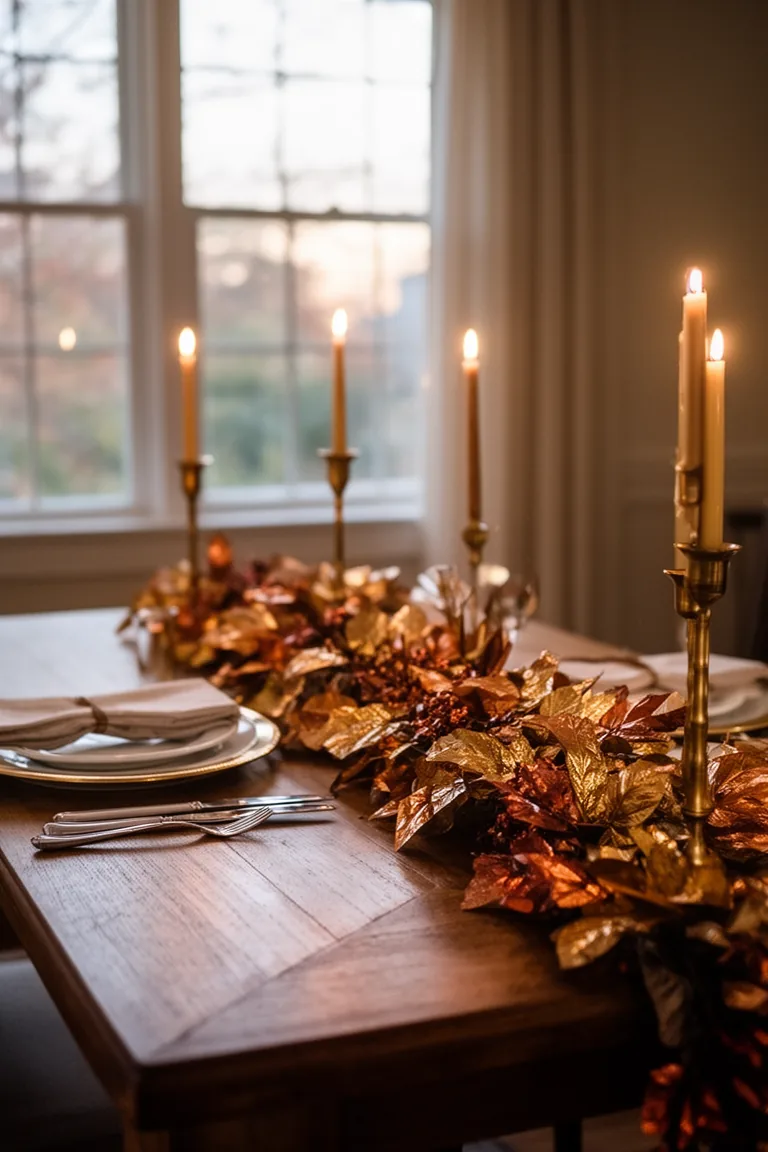 Luxe leaf runner fall centerpiece idea 2