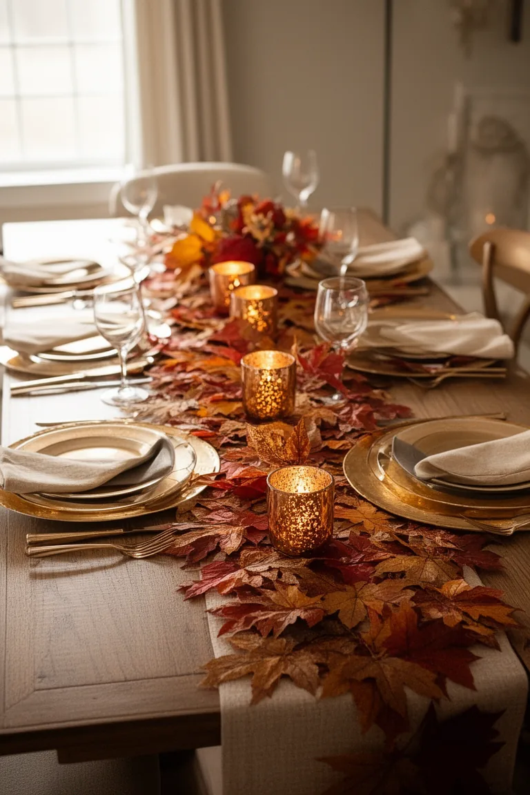 Luxe leaf runner fall centerpiece idea 3