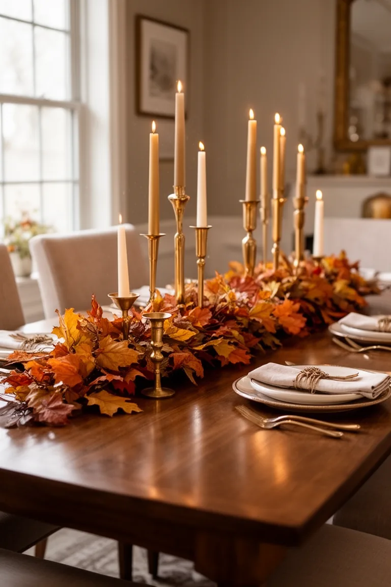Luxe leaf runner fall centerpiece idea 4