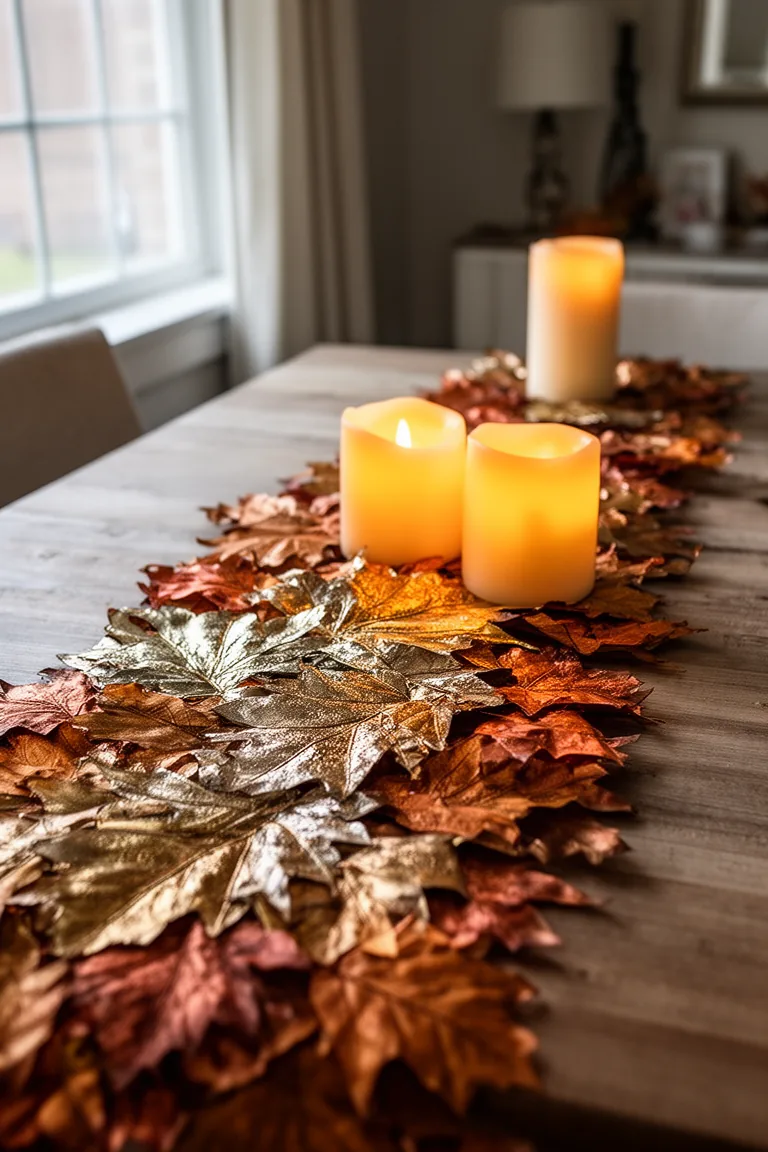 Luxe leaf runner fall centerpiece idea 5