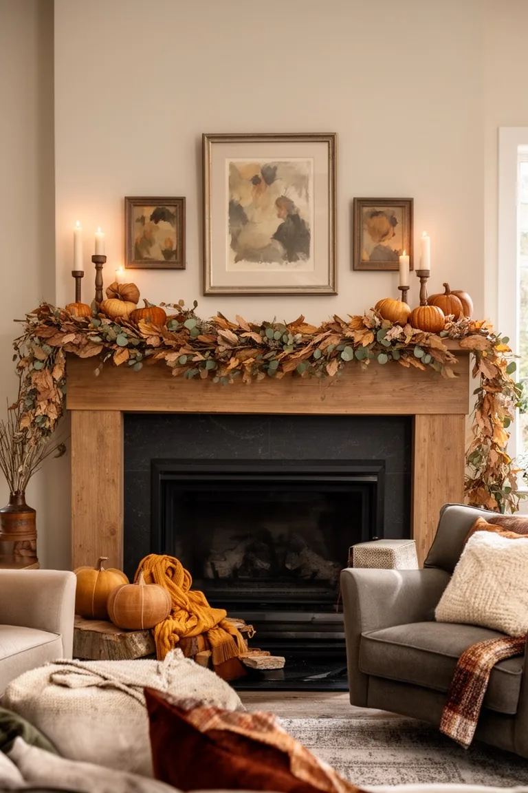 Cozy fall living room mantel, idea 1