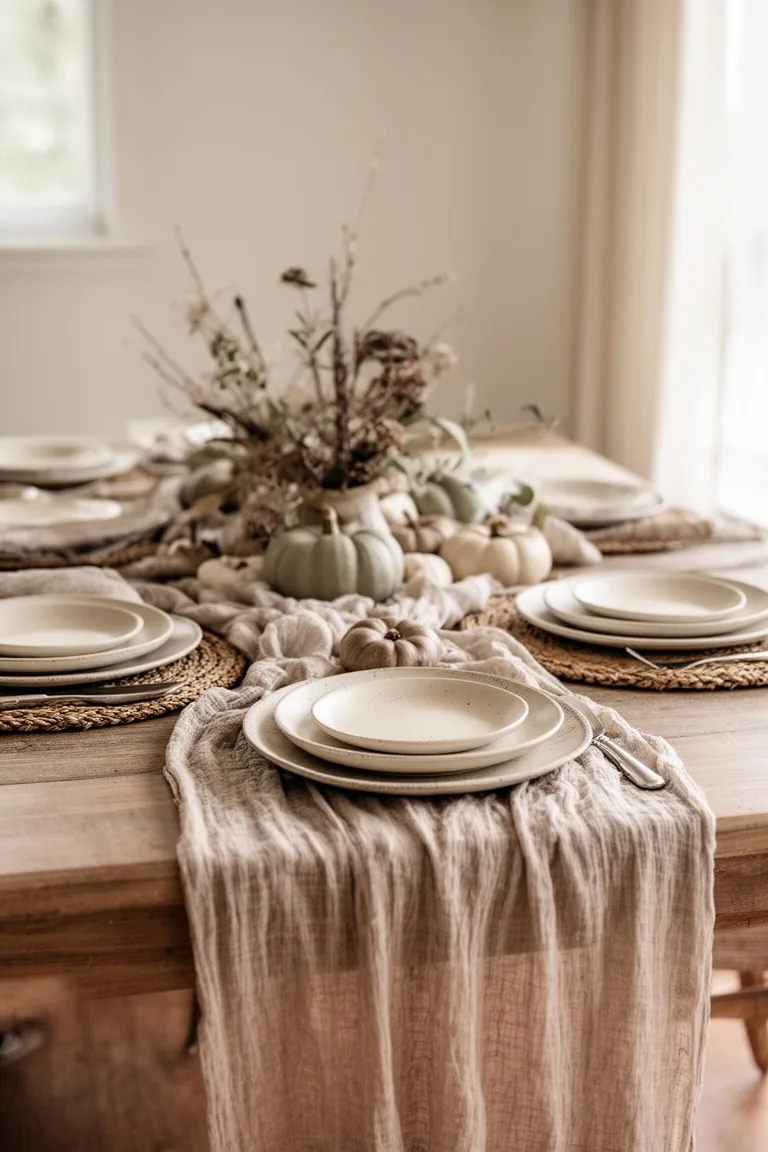 Layered linen and woven neutral table base, idea 1