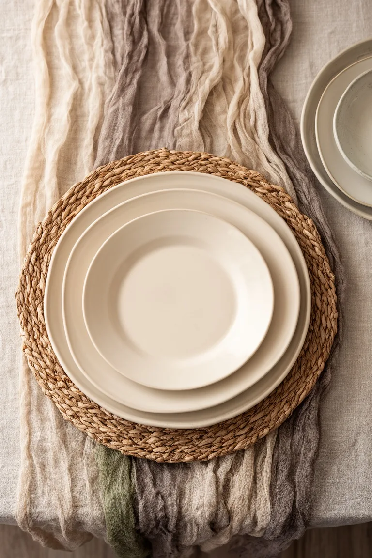 Layered linen and woven neutral table base, idea 3