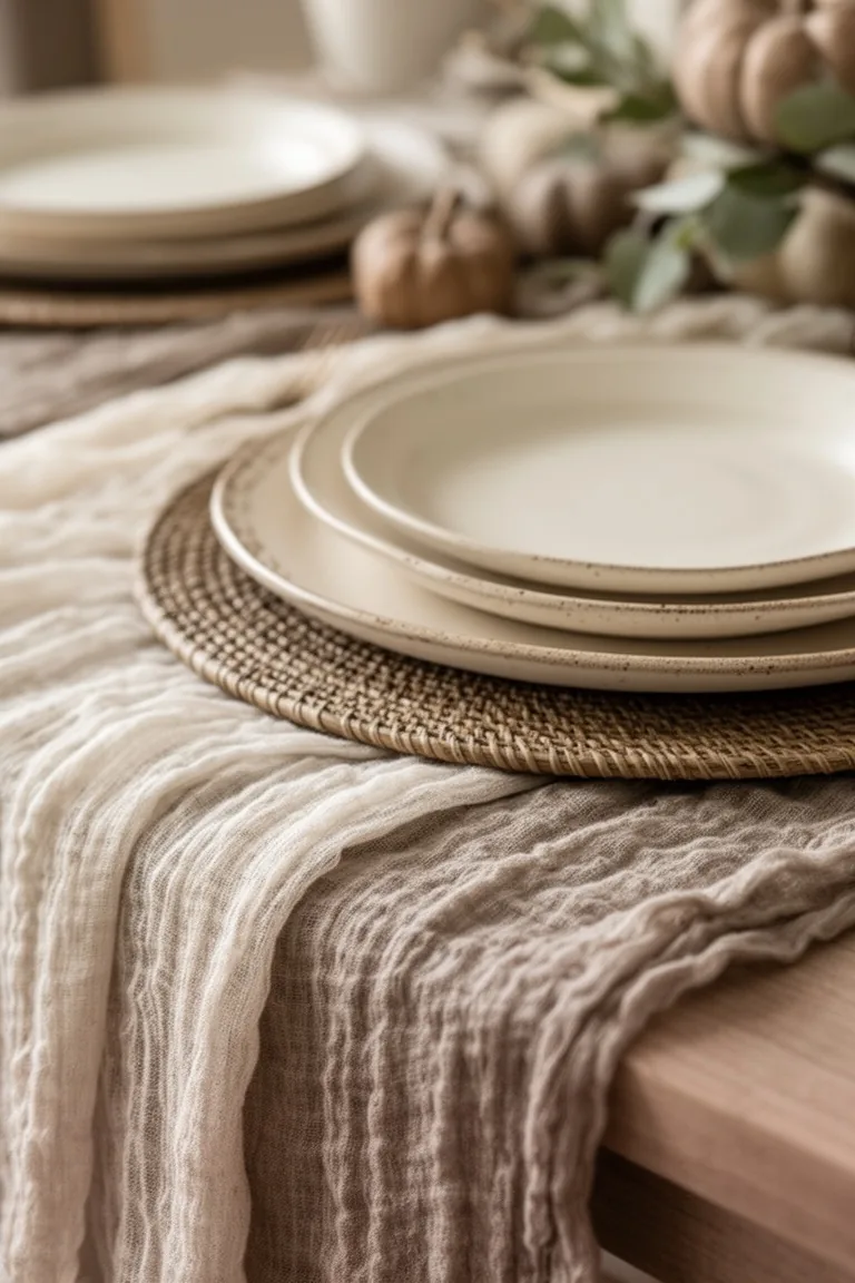 Layered linen and woven neutral table base, idea 4