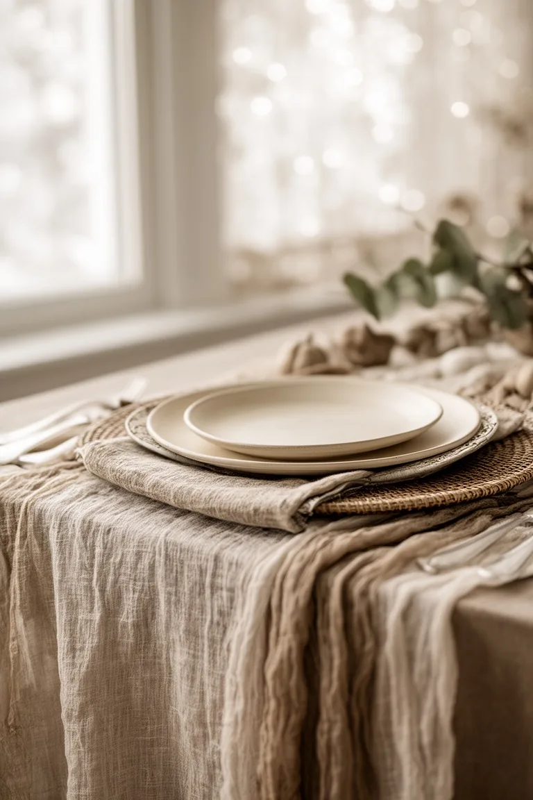 Layered linen and woven neutral table base, idea 5