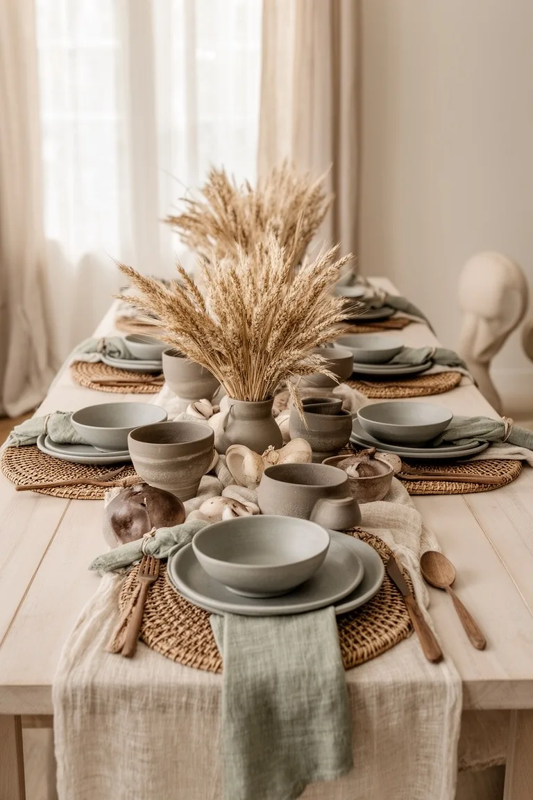 Mixed wood, stone and ceramic table styling, idea 1
