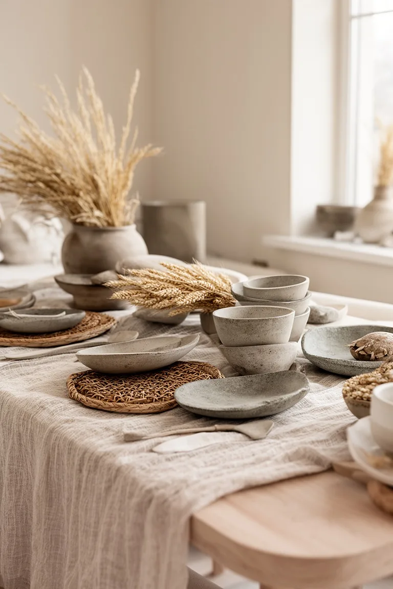 Mixed wood, stone and ceramic table styling, idea 2