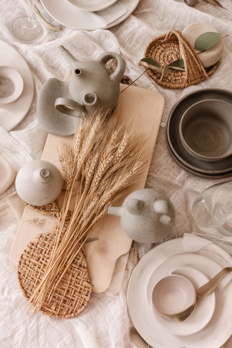 Mixed wood, stone and ceramic table styling, idea 3