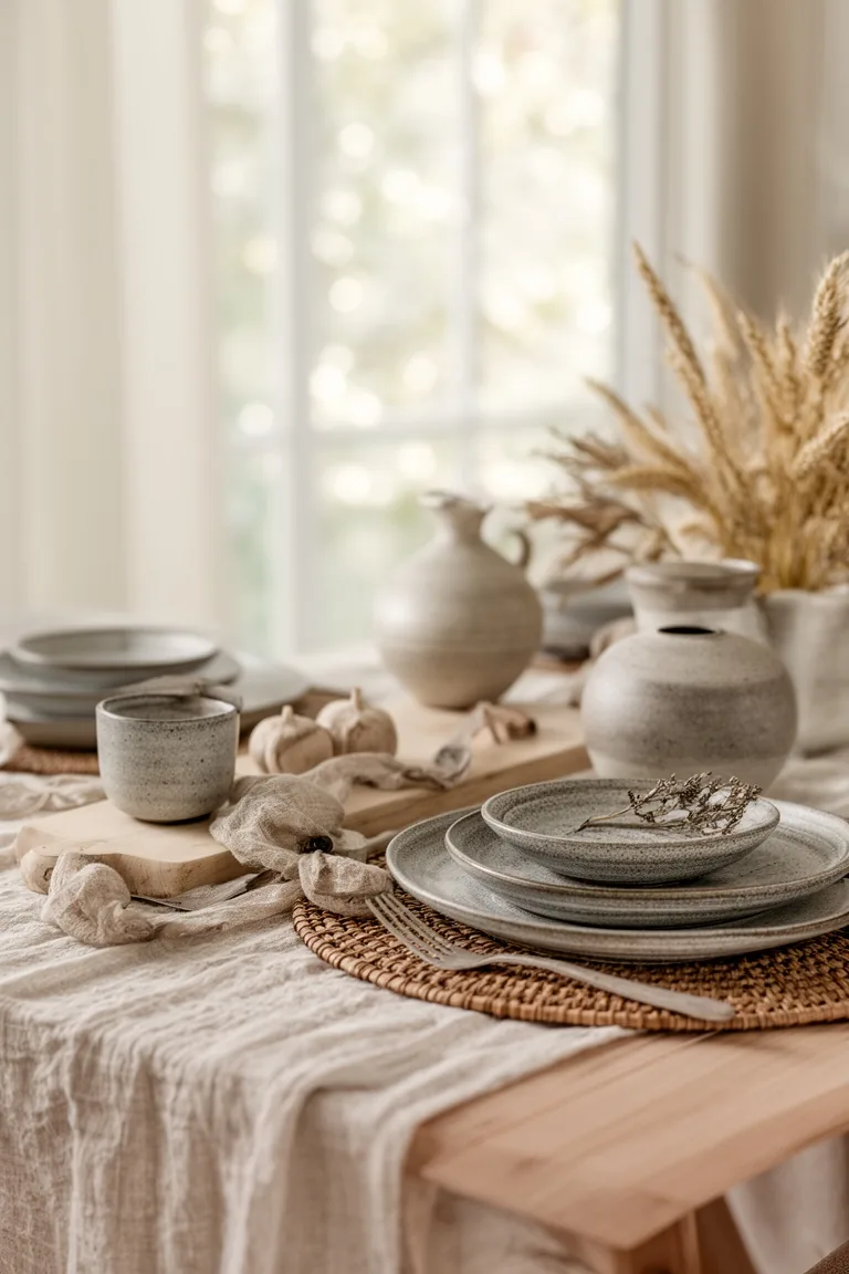 Mixed wood, stone and ceramic table styling, idea 5