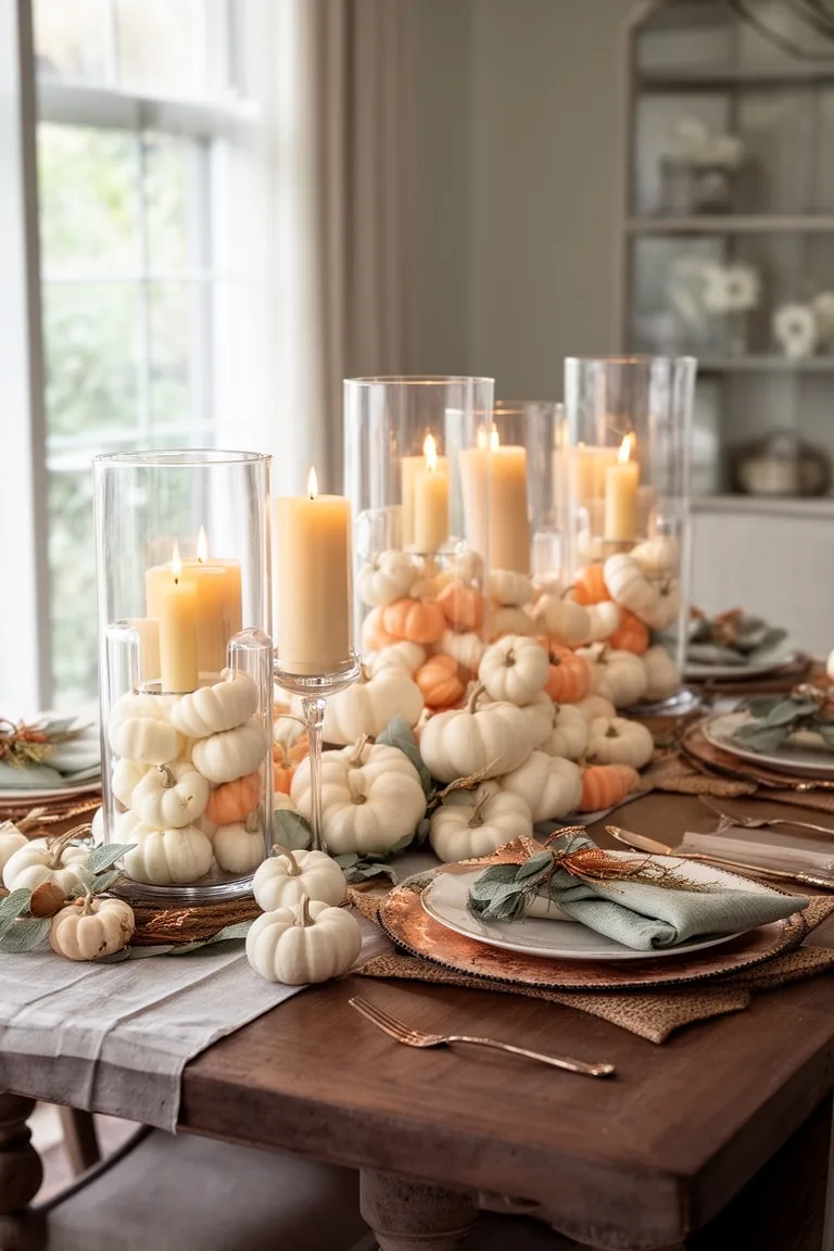 Candlelit pumpkin hurricane centerpiece, idea 1
