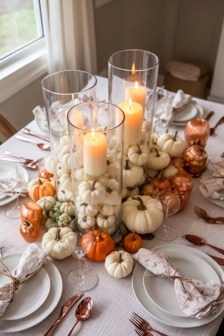 Candlelit pumpkin hurricane centerpiece, idea 3