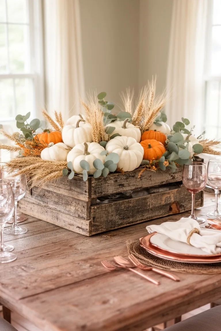 Farmhouse crate pumpkin centerpiece, idea 1