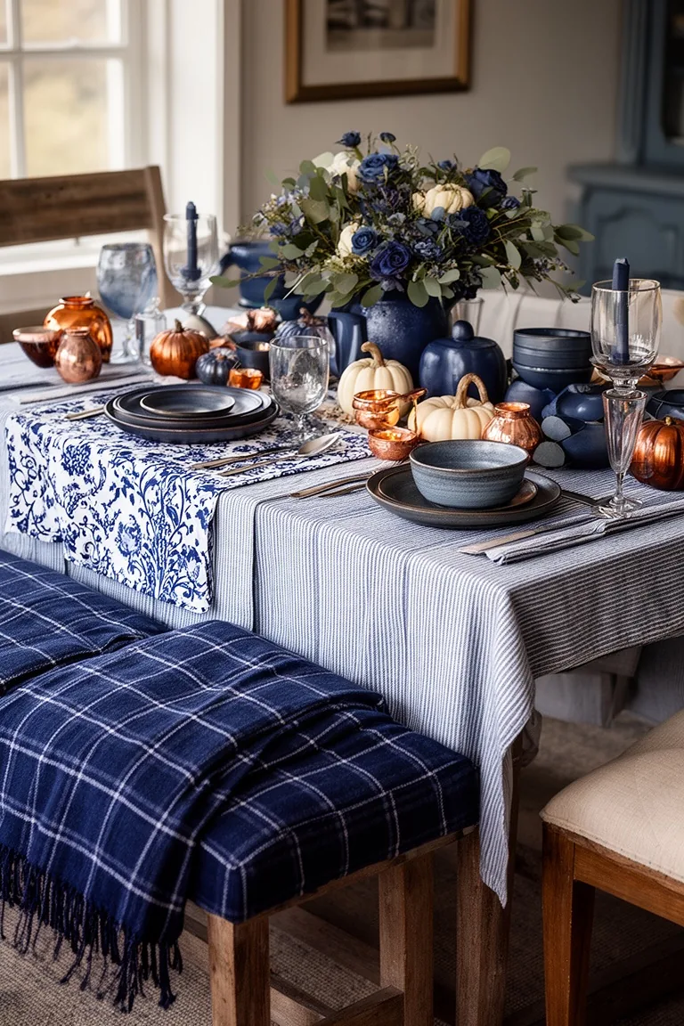 Cozy blue fall table textiles, idea 1