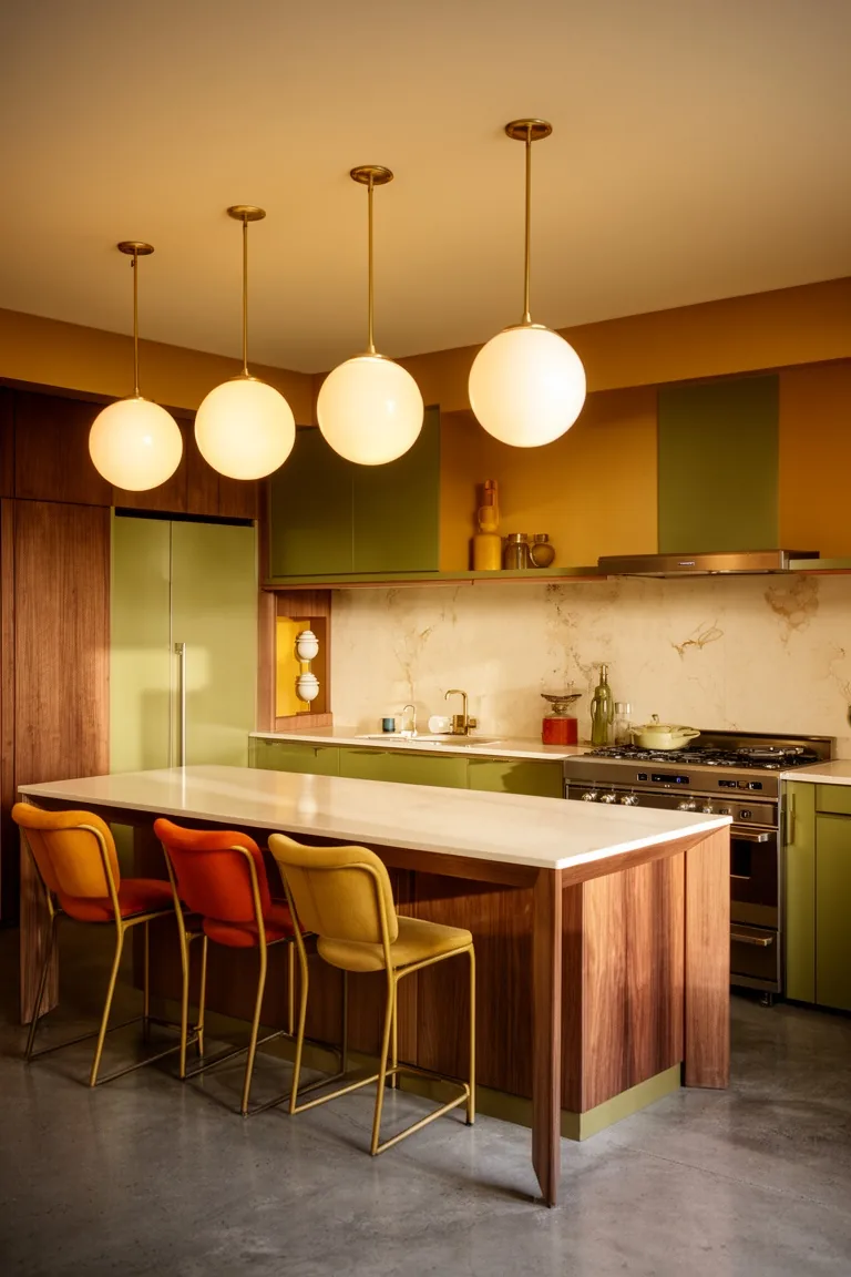 Globe pendant lighting 70s kitchen, idea 1