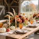 Moody fall wedding tablescape with layered textures, candlelight, and seasonal florals