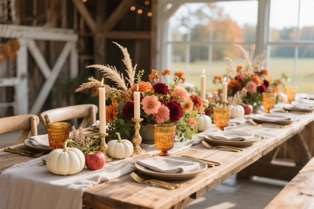 Moody fall wedding tablescape with layered textures, candlelight, and seasonal florals