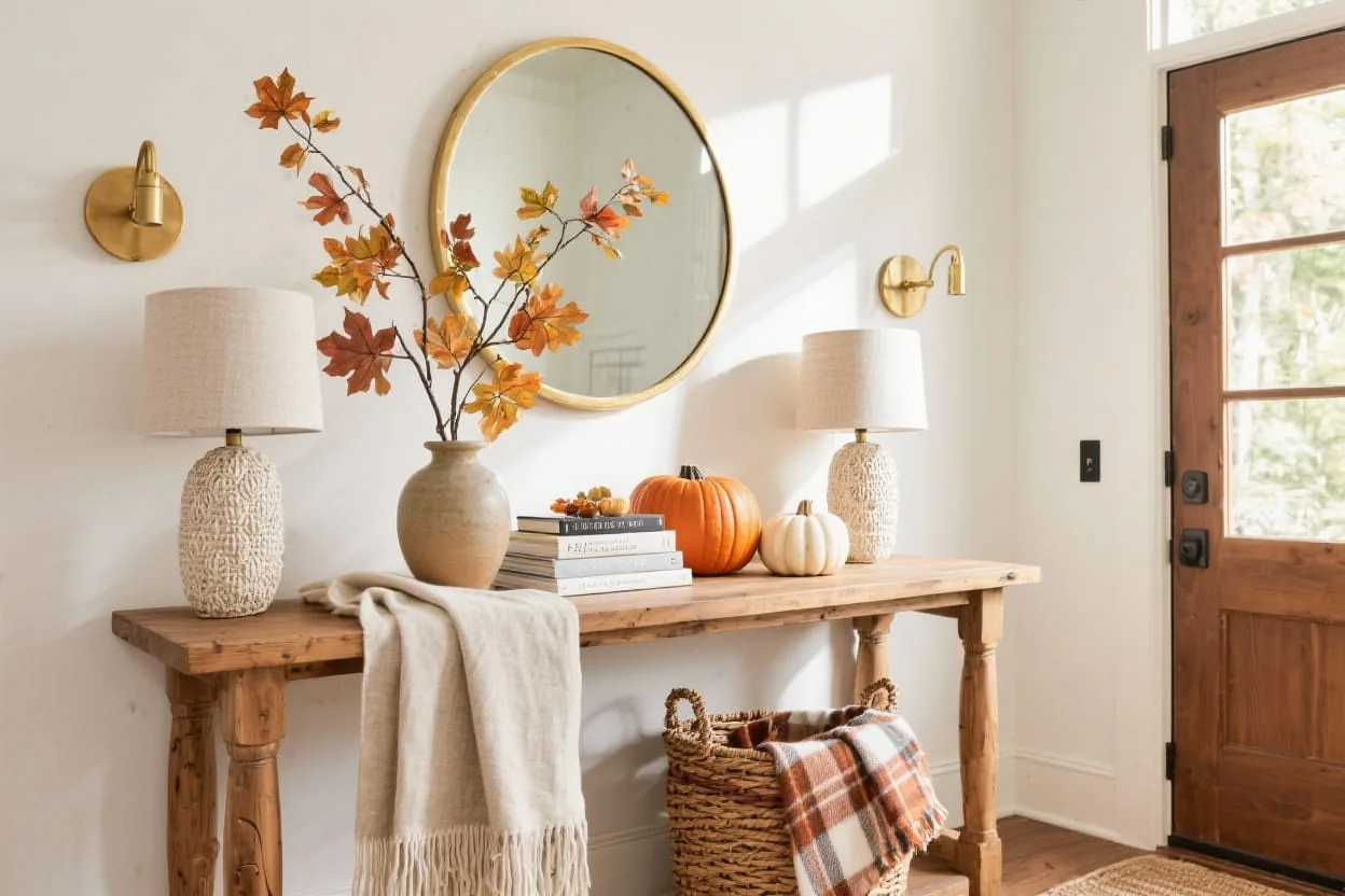Cozy fall entryway table with layered runner, brass, and seasonal accents