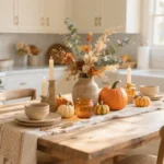 Cozy fall kitchen table decor with runner, pumpkins, and warm candlelight