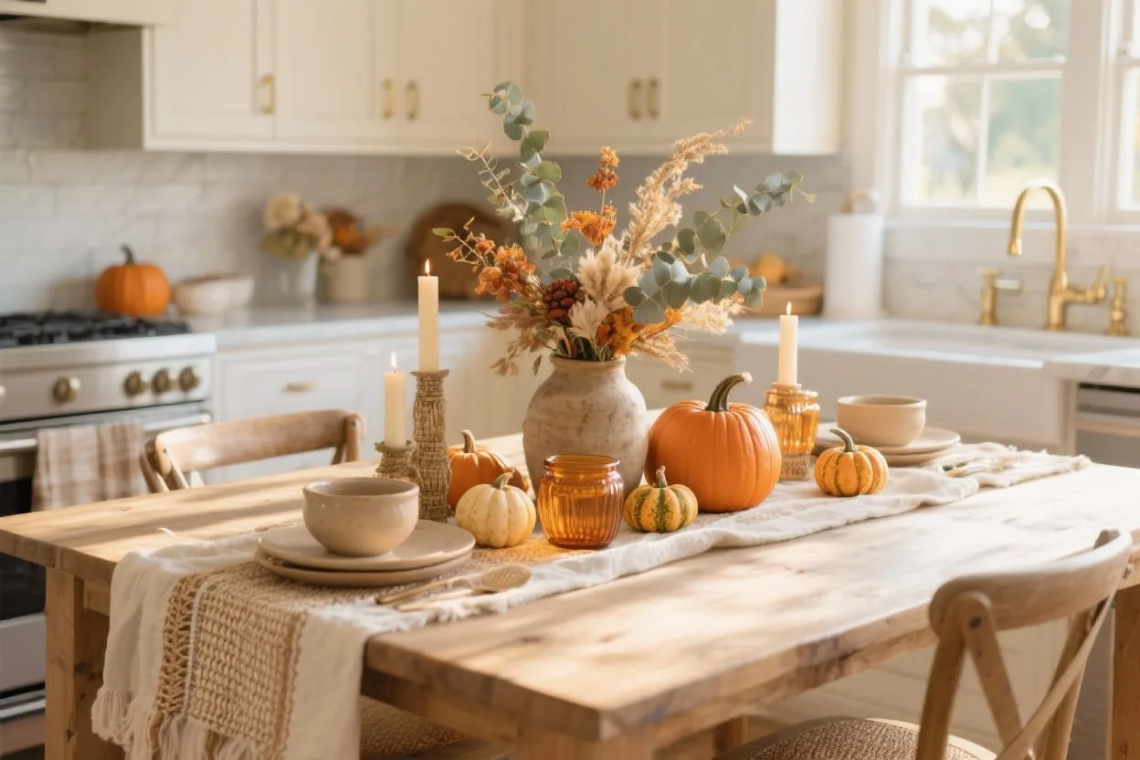 Cozy fall kitchen table decor with runner, pumpkins, and warm candlelight