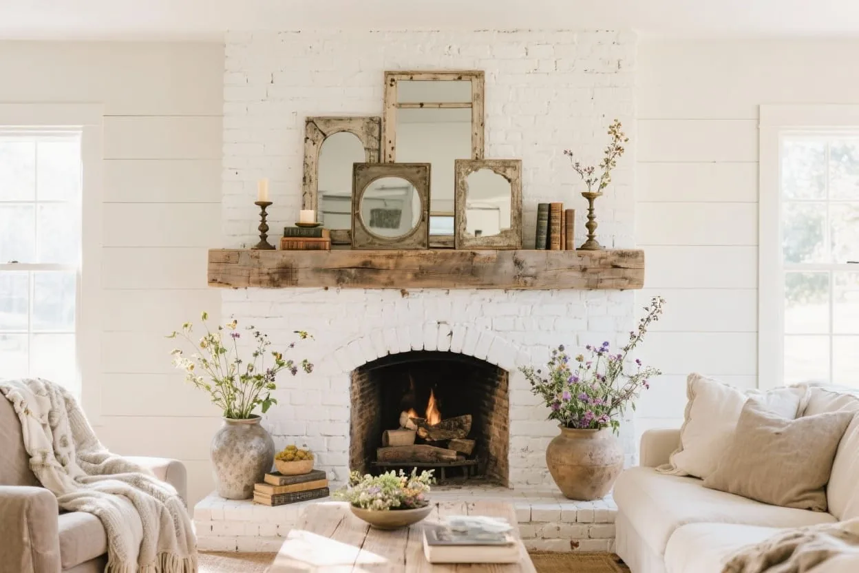 Cozy rustic vintage mantel with leaned art, brass candlesticks, and dried florals