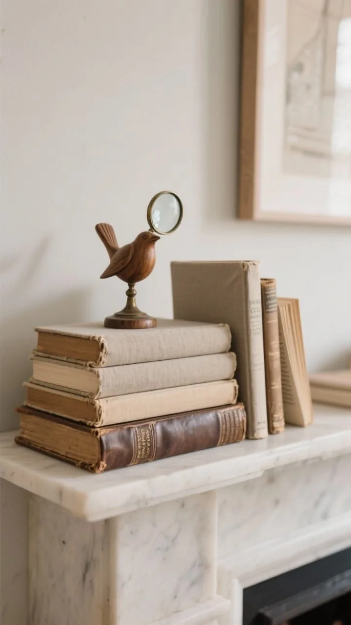 Stacked vintage books and sculptural objects on a rustic vintage mantel