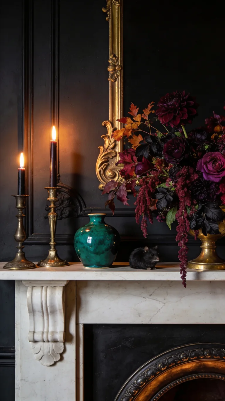 Add Deep Jewel Tones - moody fall mantel decor idea