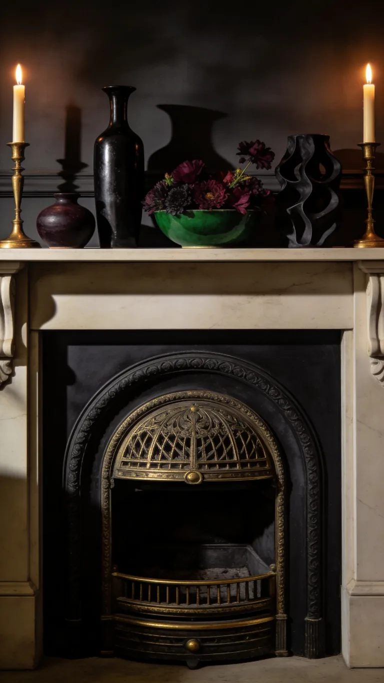 Include Dark Ceramics - moody fall mantel decor idea
