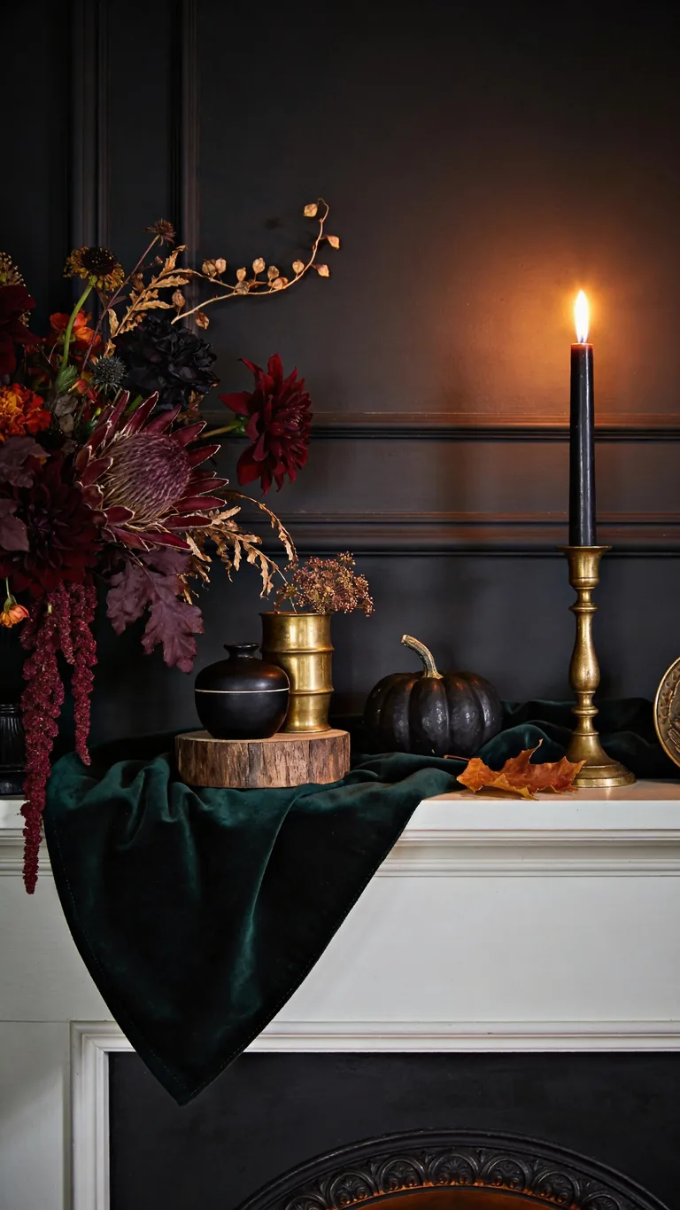 Layer Rich Textures - moody fall mantel decor idea