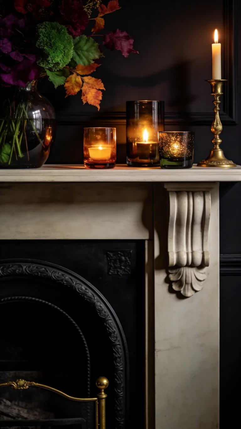 Use Amber Glass - moody fall mantel decor idea