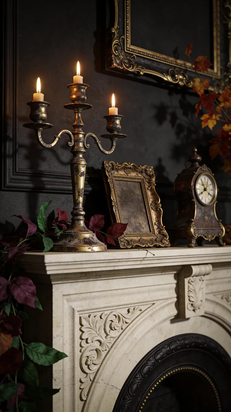 Add Antique or Vintage Pieces - moody fall mantel decor idea