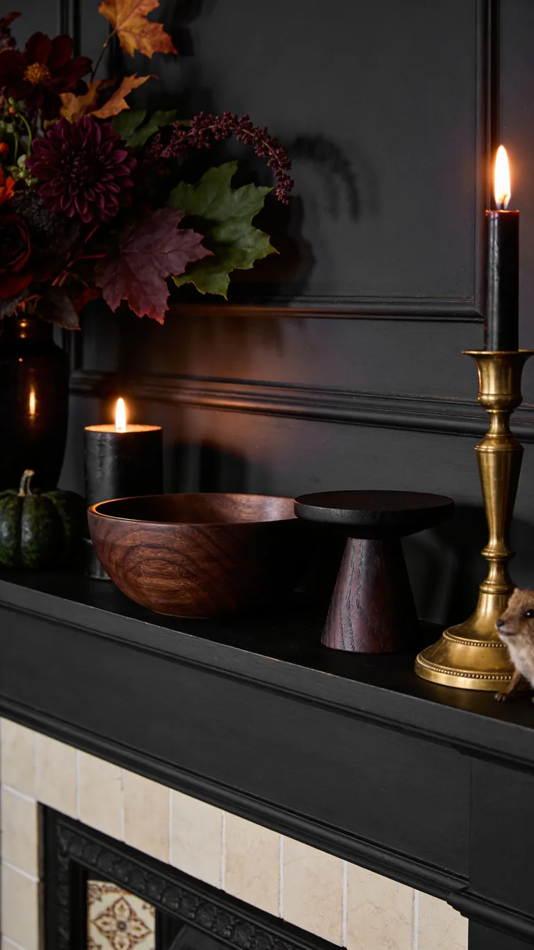Add Dark Wood - moody fall mantel decor idea