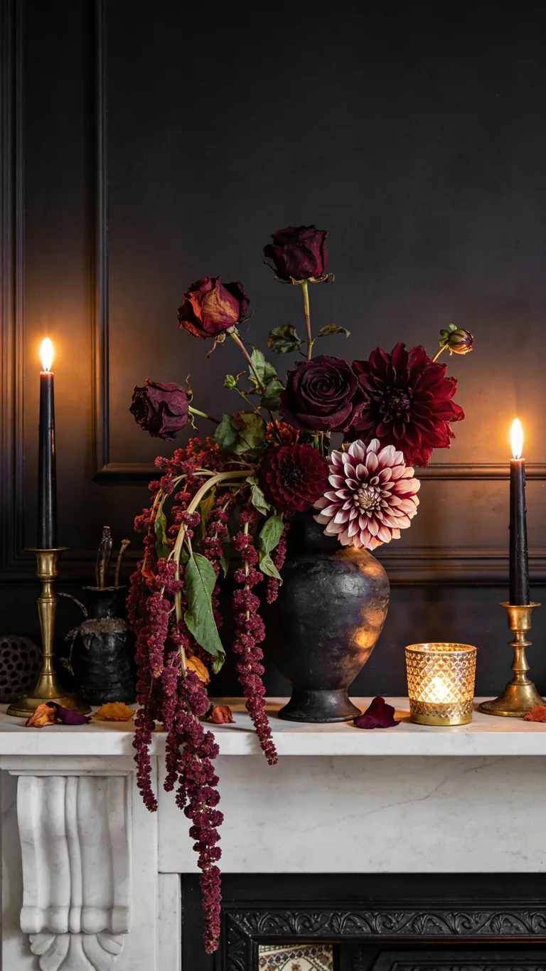 Add Deep Burgundy Florals - moody fall mantel decor idea