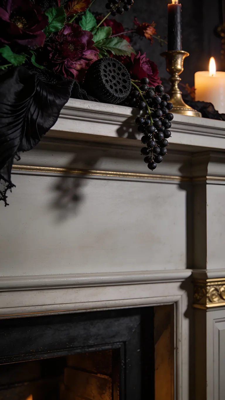 Add Dark Berries and Pods - moody fall mantel decor idea
