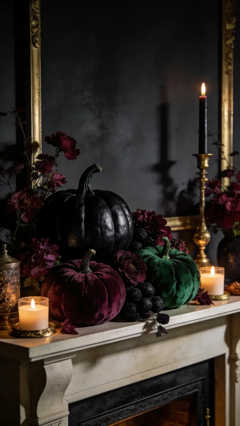 Choose Dark, Dramatic Pumpkins - moody fall mantel decor idea