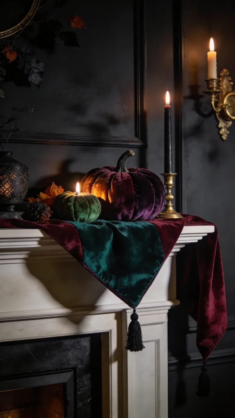 Layer in Velvet - moody fall mantel decor idea