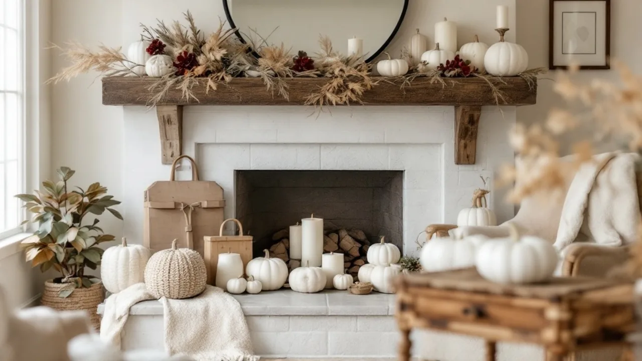Neutral warm sophisticated style fall mantel decor