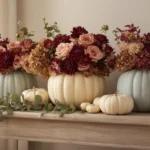 Heirloom pumpkins used as vases with dahlias, garden roses, and dried hydrangea on a wooden console