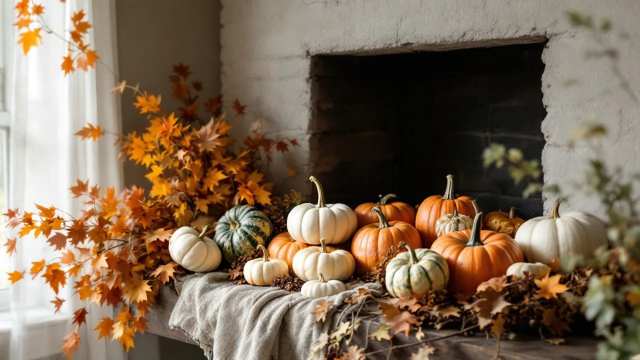 Gathered seasonal style centered on pumpkins fall mantel decor