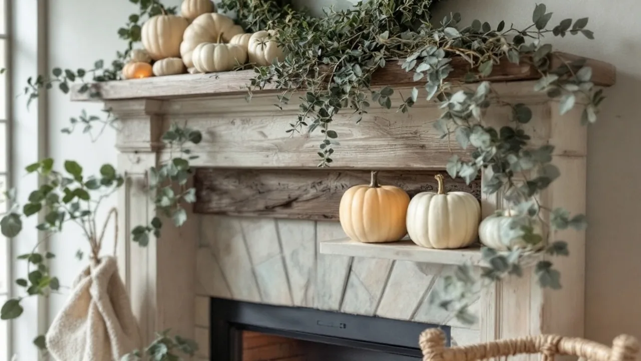 Calm sage green fresh style fall mantel decor