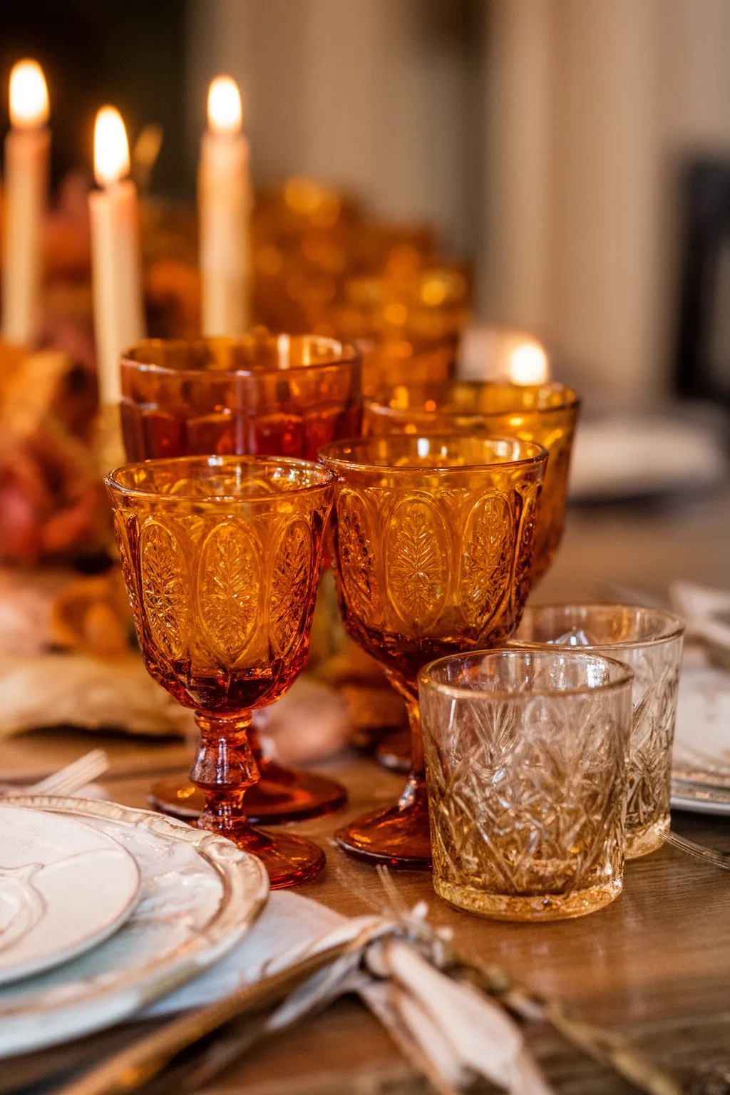 Vintage glassware fall wedding tablescape variation 1